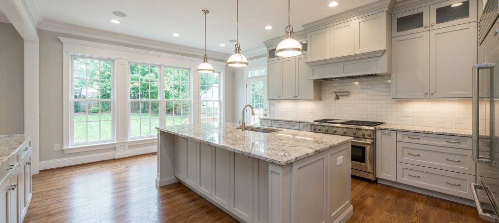 Modern kitchen with gray cabinets, granite island, stainless appliances, and large windows