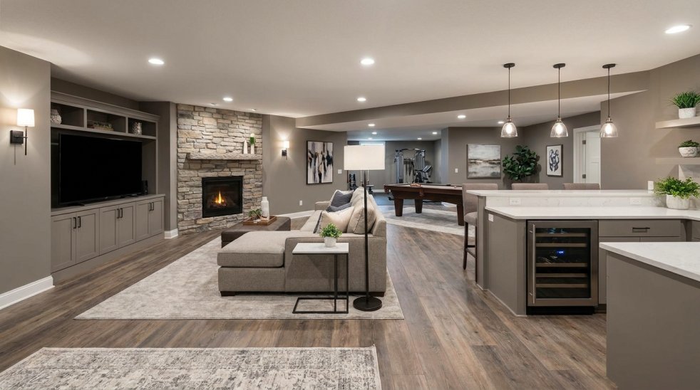 Finished basement with sectional sofa, stone fireplace, bar area and pool table in a modern open layout